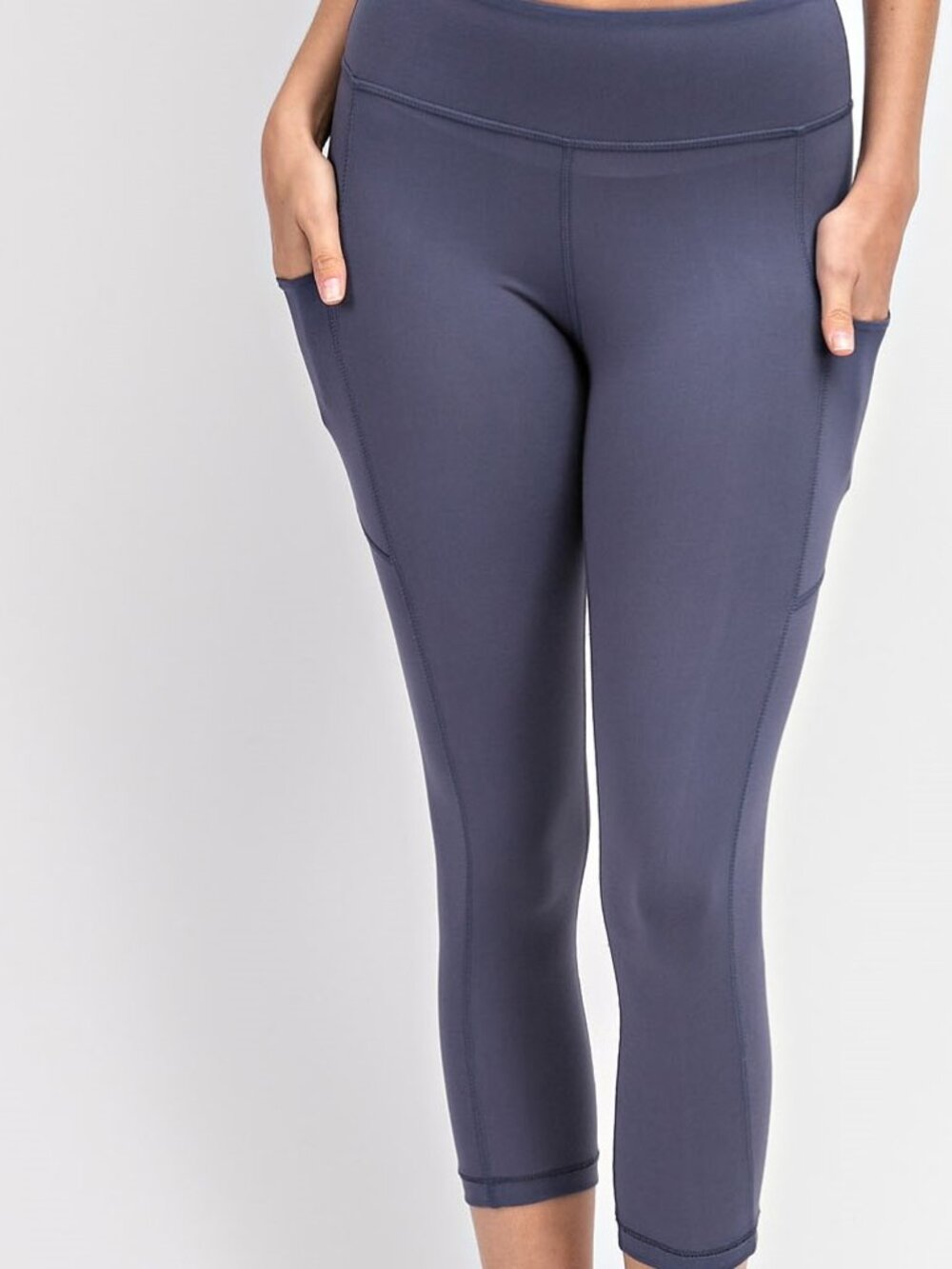 Women Premium Actie Capri Yoga Leggings w/Seam Detail&Pockets 1X- 3X Denim Blue